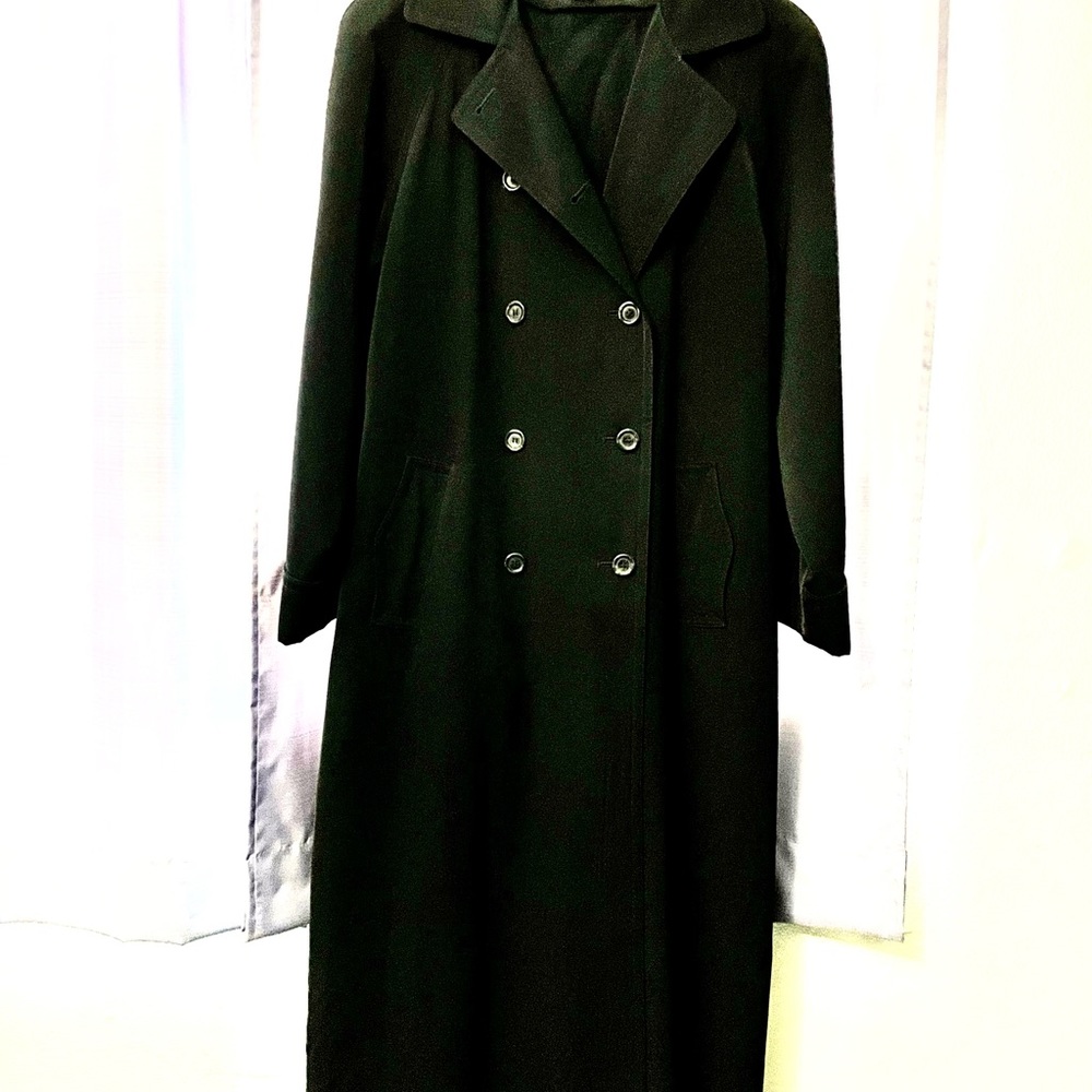 Womens lined, long, hooded coat.